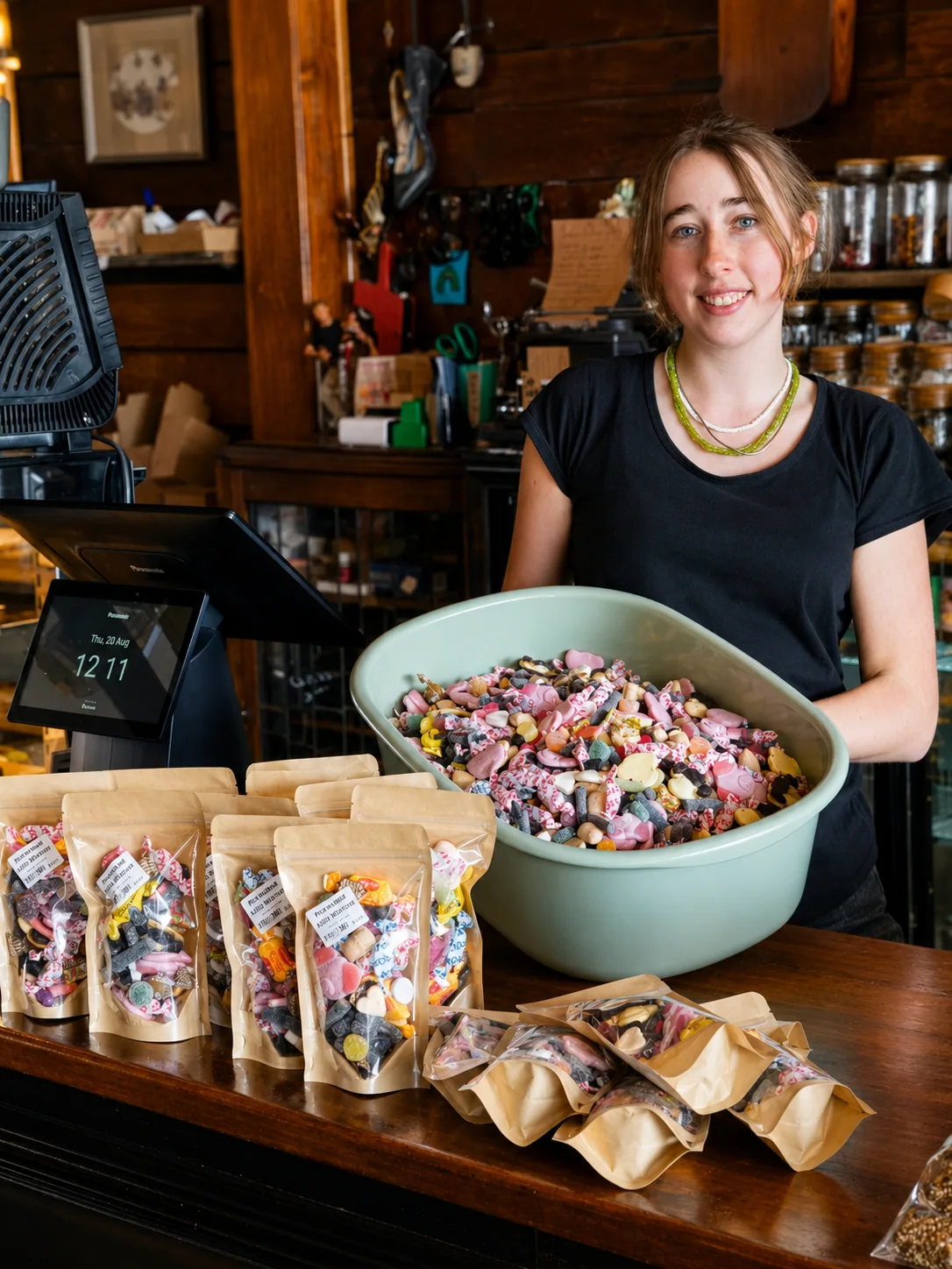A Portershed team member at the counter with packaged sweets