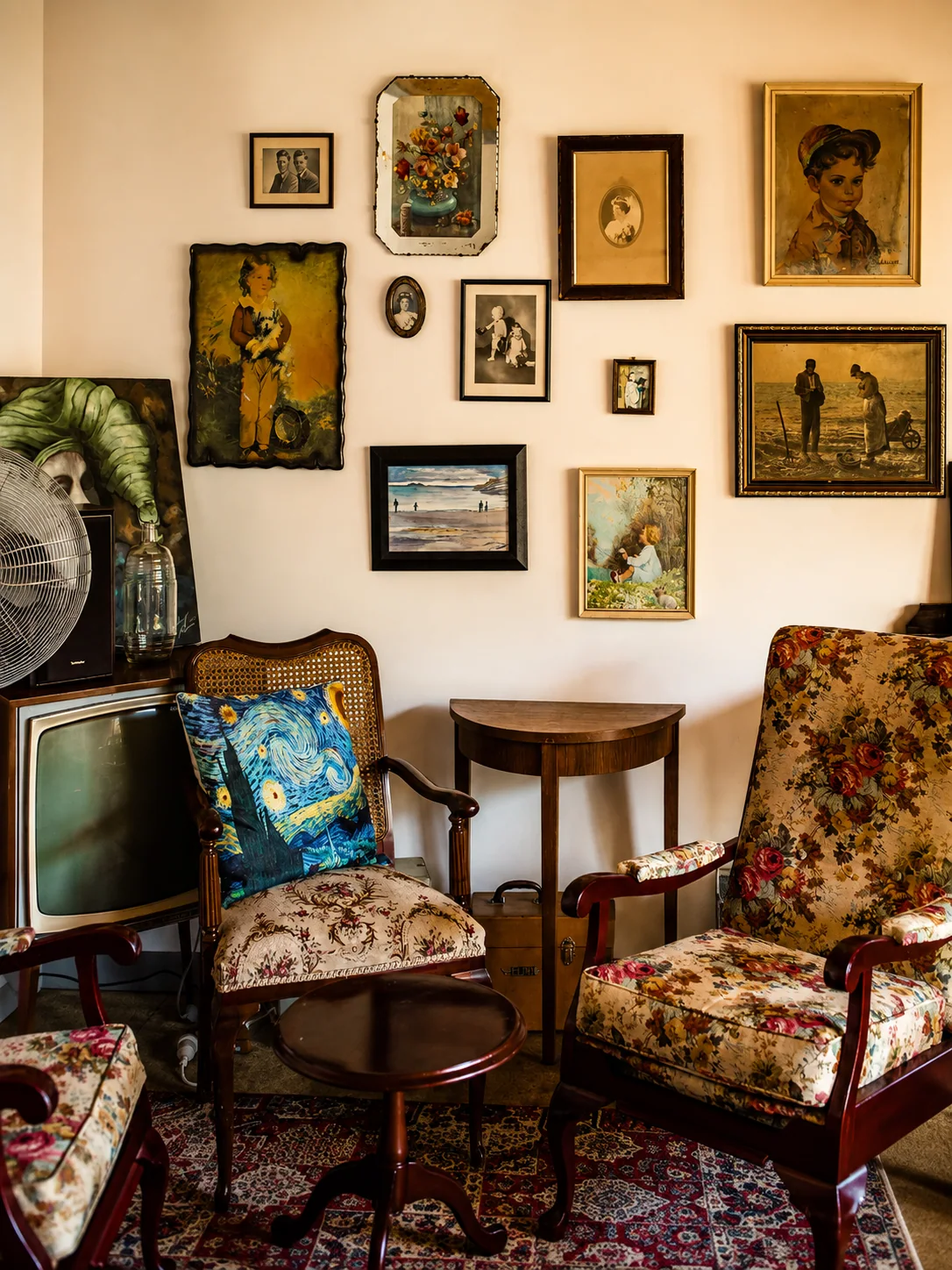 Character-filled chairs and wall art inside Portershed