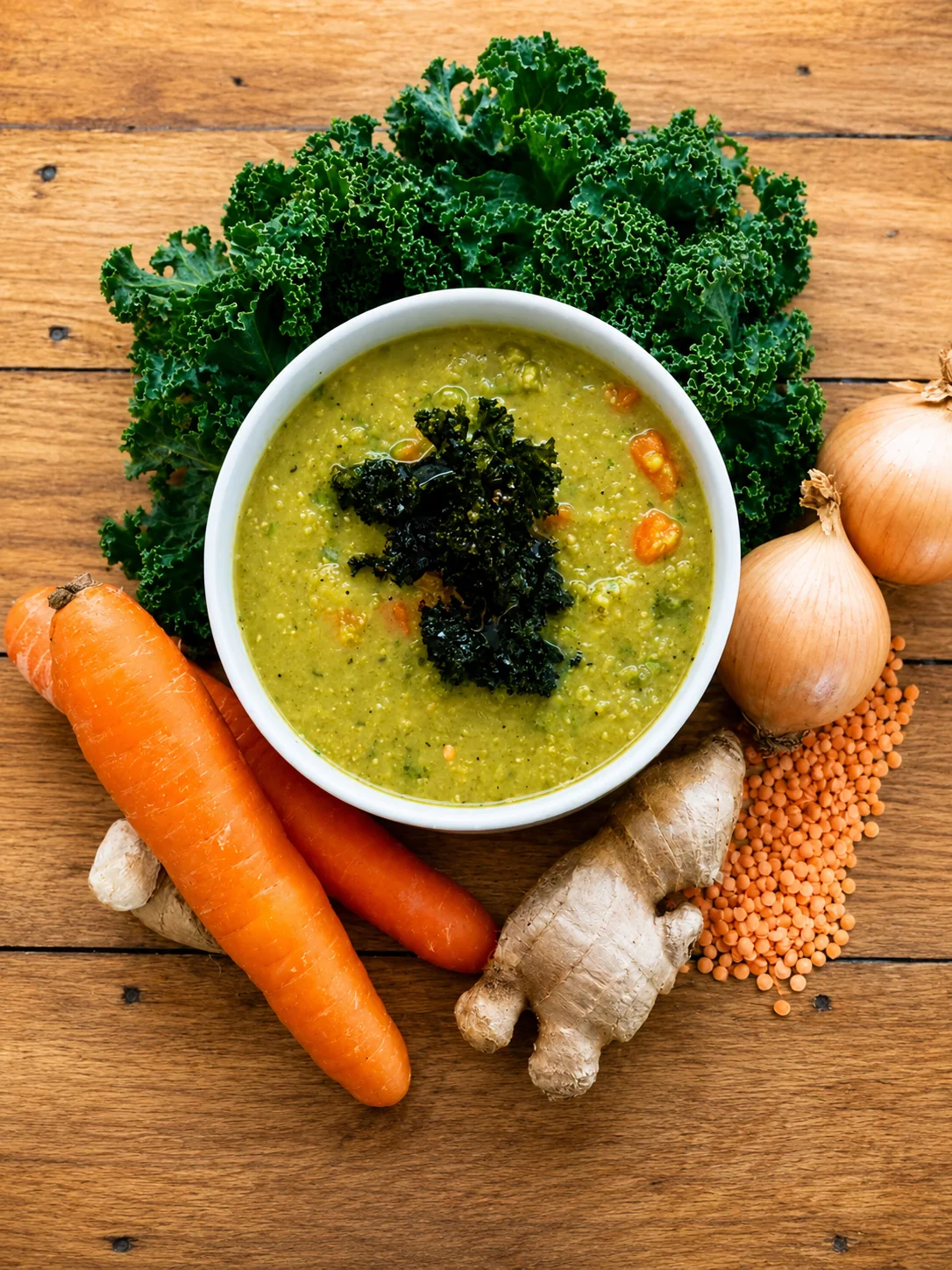 A bowl of green soup with kale, carrots and lentils